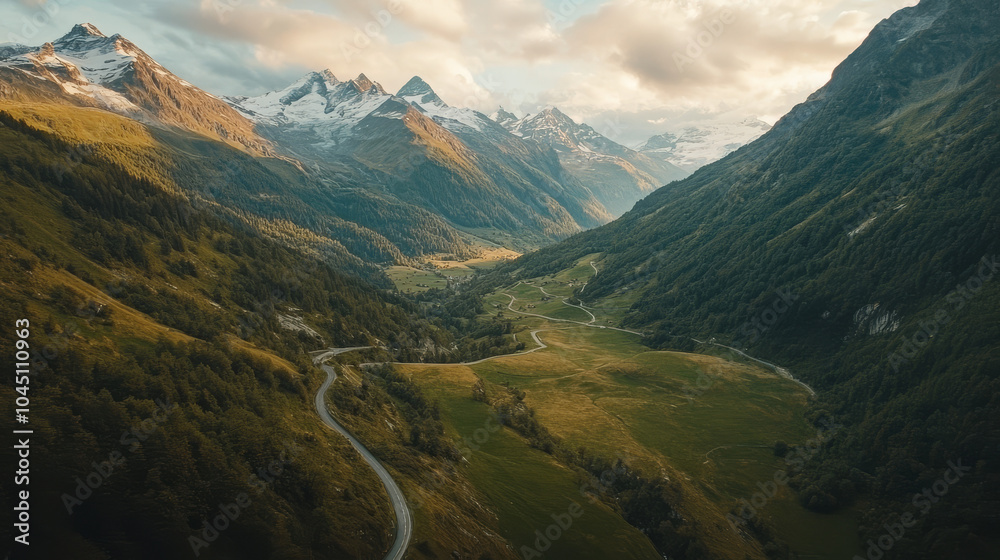A mountain range with a winding road that leads to the top A mountain range with a winding road that leads to the top