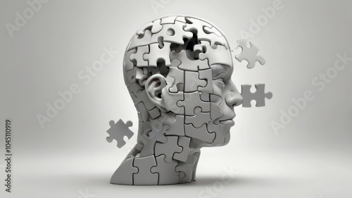 human head made of puzzle pieces symbolizes complexity of mental health and search for identity. Missing pieces represent challenges faced in understanding oneself