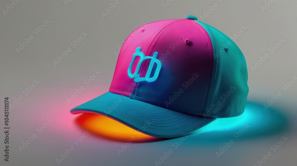 vibrant baseball cap with glowing logo, featuring unique blend of pink and teal colors. cap appears to float against soft background, creating striking visual effect vibrant baseball cap with glowing logo, featuring unique blend of pink and teal colors. cap appears to float against soft background, creating striking visual effect