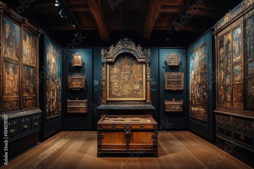 Art gallery displaying religious altarpieces and wooden furniture photo