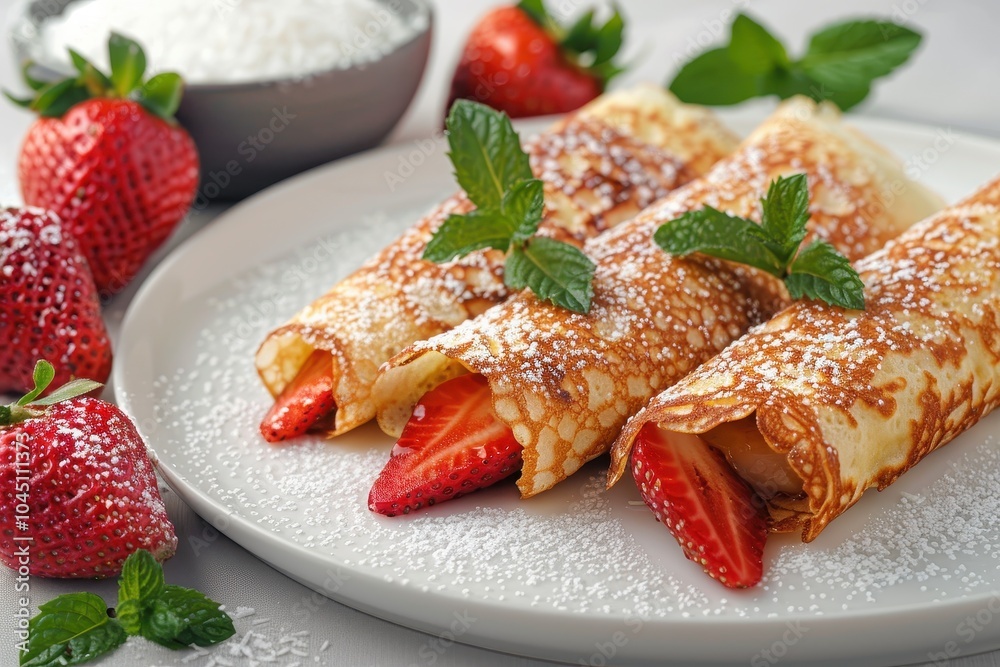 A dish of tapioca crepes, stuffed with coconut and sweetened condensed milk, garnished with fresh strawberries A dish of tapioca crepes, stuffed with coconut and sweetened condensed milk, garnished with fresh strawberries