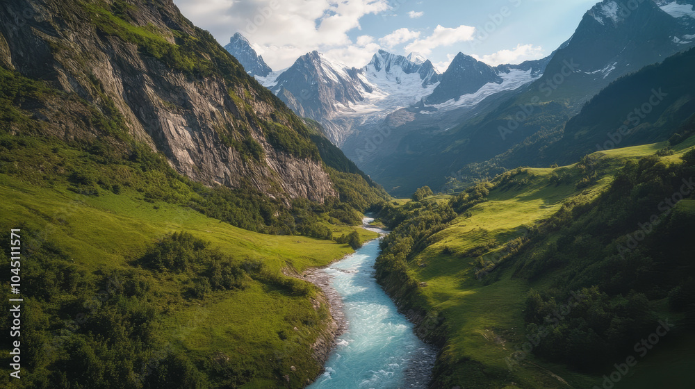 A mountain range with a river running through it A mountain range with a river running through it