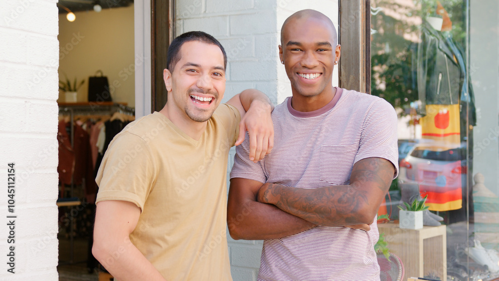 Obraz premium Portrait Of Two Smiling Male Sales Assistants Standing Outside Clothing Fashion Store