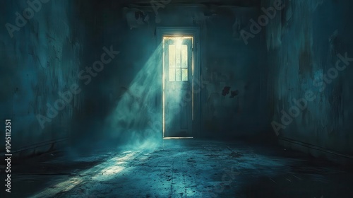 dark room illuminated by soft light pouring through an open door, symbolizing hope and new possibilities, inviting viewers to imagine the potential that lies beyond challenges and obstacles