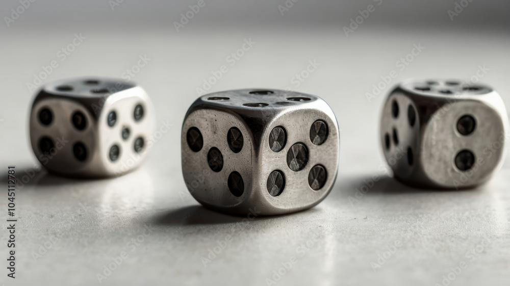 Metal dice on smooth surface create intriguing visual. shiny steel reflects light beautifully, enhancing playful nature of game