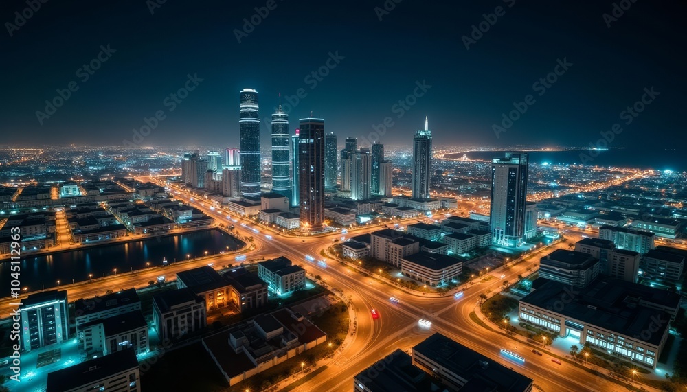 Bright city lights at night bustling urban landscape Bright city lights at night bustling urban landscape