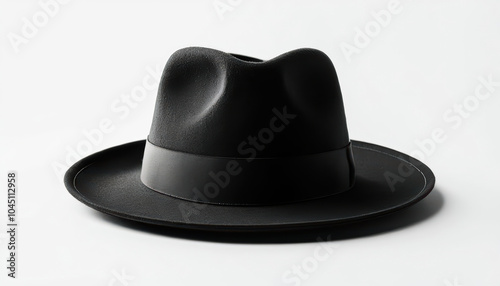 sleek black fedora hat rests elegantly on white background, showcasing its minimalist design and sharp lines. focus on hat highlights its realistic texture and monochrome aesthetic