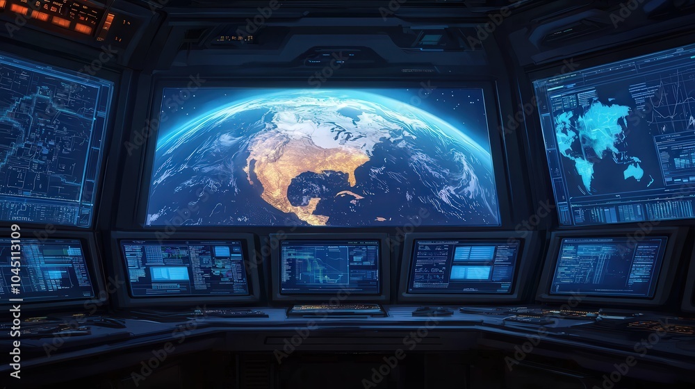 Futuristic Control Room Overlooking Earth with Advanced Technology Displays and Interface Design Futuristic Control Room Overlooking Earth with Advanced Technology Displays and Interface Design