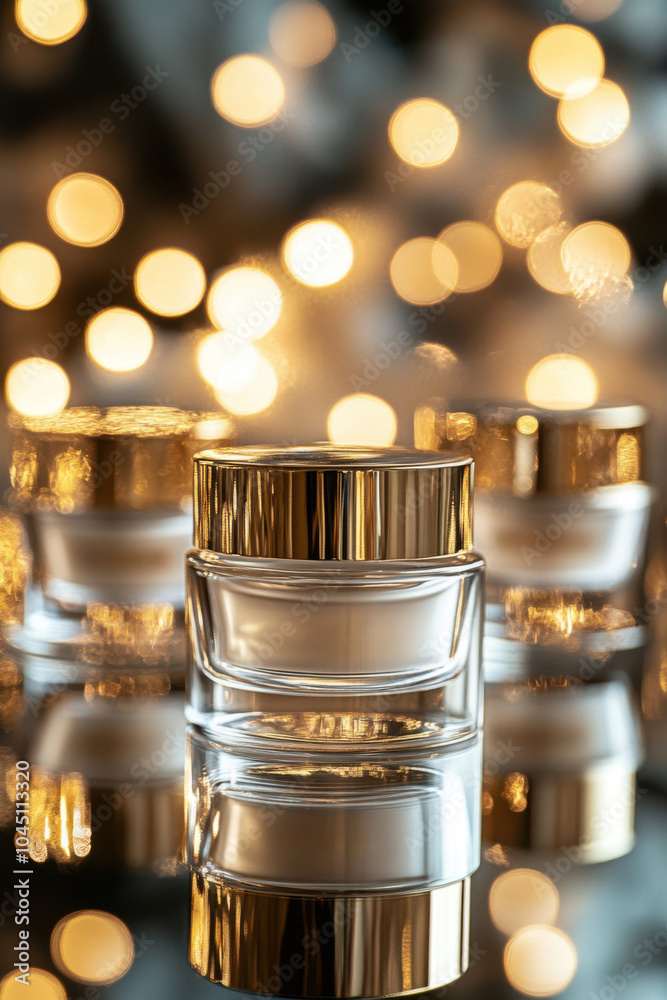 Elegant glass jars of anti-aging cream on a reflective surface against a soft bokeh background Elegant glass jars of anti-aging cream on a reflective surface against a soft bokeh background