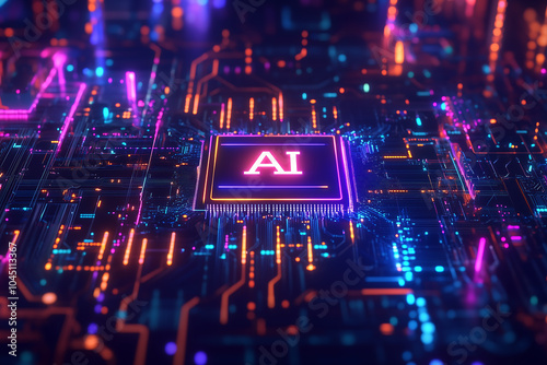 AI, Machine learning, AI chips with digital circuit lines around them. themes of artificial intelligence, computing, and digital transformation.	