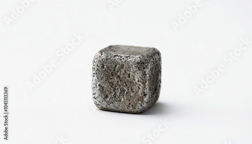 small, textured iron cube sits on white background, showcasing its unique surface details and industrial charm. This minimalist piece adds touch of modernity to any setting