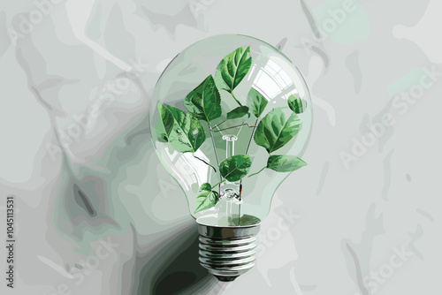 Flying green leaves around the lightbulb filled with leaves. Renewable green energy concept. 3D Illustration