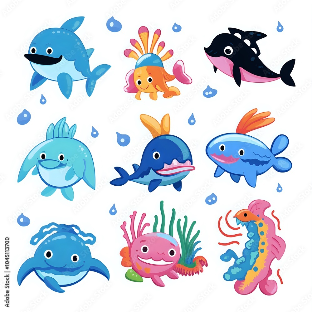 Colorful Cartoon Sea Creatures Collection