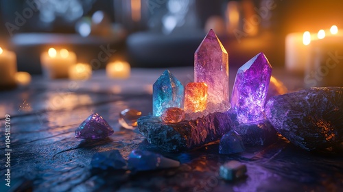 Chakra alignment session with healing crystals and soft lighting, 3D illustration photo