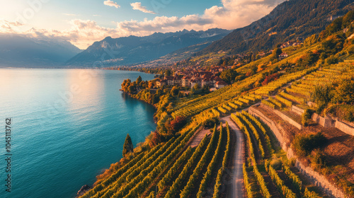 A beautiful view of a vineyard with a body of water in the background