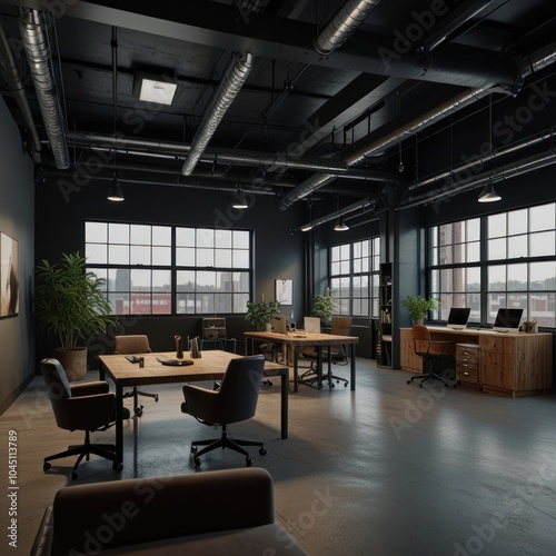 Modern industrial office space with large windows, wooden desks, black chairs, and exposed ductwork.