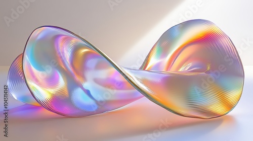 A colorful, wavy ribbon made of glass flows through the air, shimmering with light. The ribbon has a rainbow-like gradient and looks like it's made of liquid.