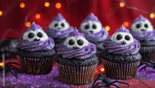 Spooky Halloween cupcakes featuring frosted ghost faces with black eyes and purple frosting, perfect for festive celebrations. These treats are sure to delight and surprise! photo