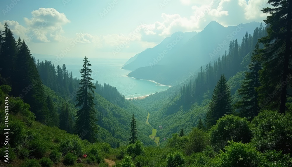 Fototapeta premium Enchanting forest trail leading to a serene mountain lake