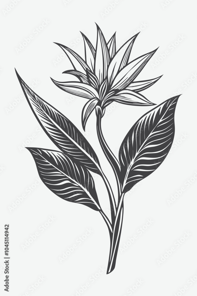 Bird of Paradise Branch with Flowers Silhouette Vector Illustration in Detailed Botanical Art Design Bird of Paradise Branch with Flowers Silhouette Vector Illustration in Detailed Botanical Art Design