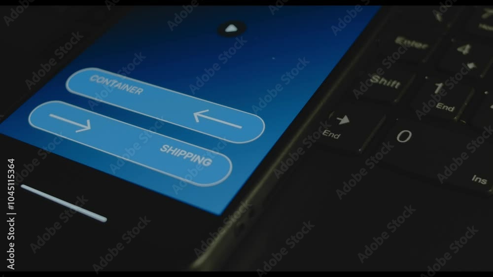 Container shipping inscription on smartphone screen. Designer making an advertisement design on mobile app. Cargo and shipping concept Container shipping inscription on smartphone screen. Designer making an advertisement design on mobile app. Cargo and shipping concept