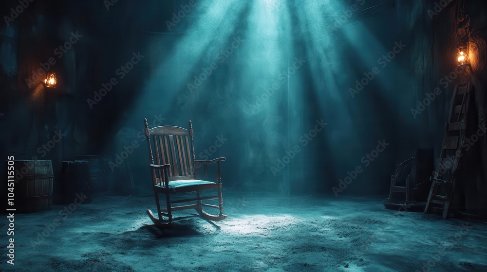 director's chair illuminated by a beam of light in a dramatic setting, casting deep shadows, symbolizing the journey of selection and casting in the creative industry director's chair illuminated by a beam of light in a dramatic setting, casting deep shadows, symbolizing the journey of selection and casting in the creative industry