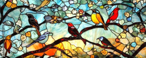 Colorful birds perching on tree branches in stained glass window