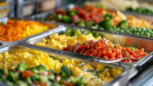 A station for madetoorder omelets and eggs with toppings including cheese veggies and bacon bits. photo