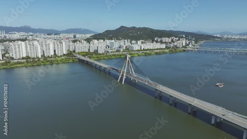 Wallpaper Mural Drone View of Seoul city in South Korea, Jamsil Han River, Summer 60fps Torontodigital.ca