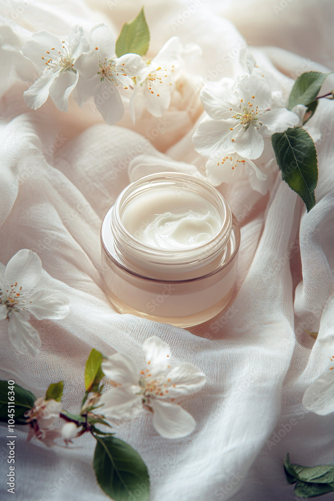 Elegant moisturizer jar surrounded by soft fabric and delicate flowers on a sunny morning Elegant moisturizer jar surrounded by soft fabric and delicate flowers on a sunny morning