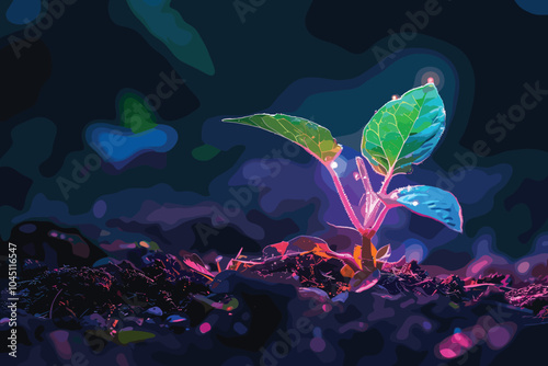 Young plant in soil on dark background, Earth Day concept, Tree planting