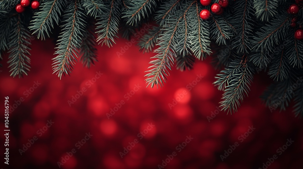 Christmas garland bordering red background with copy space
