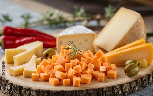 Cheese A selection of different cheeses on a wooden board with olives and red peppers.