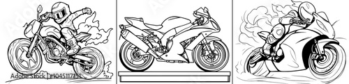 The motorcycle is powered by a powerful motor on a fast road. The illustration is hand drawn. This template is designed to be use as a print template. photo