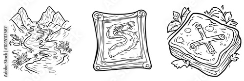 Hand drawn modern outline illustration of an old treasure map