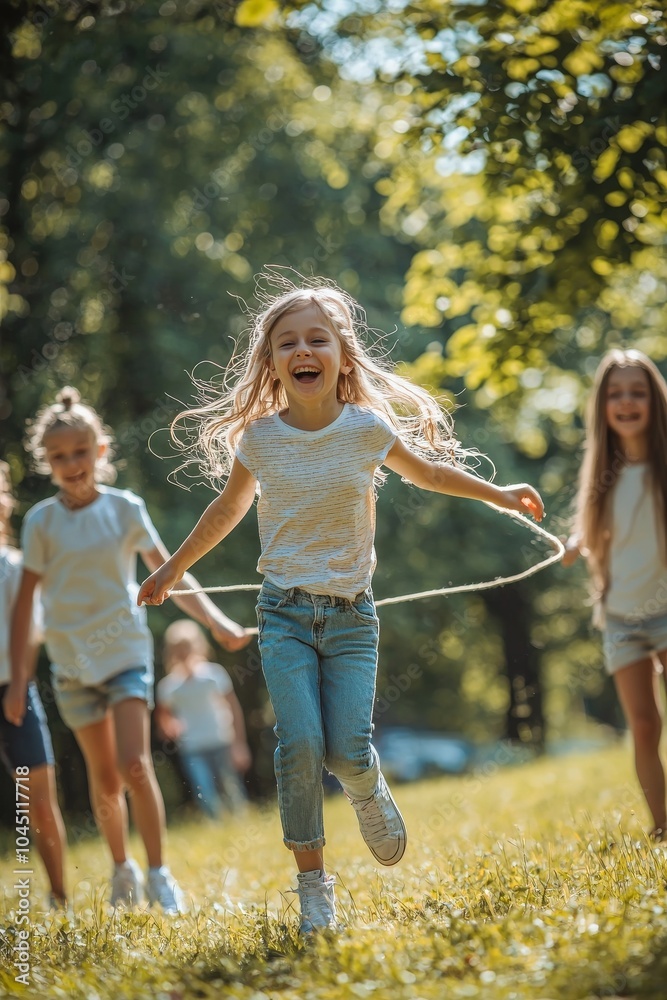 Fototapeta premium A cheerful group of children playing jump rope in a sunny park,