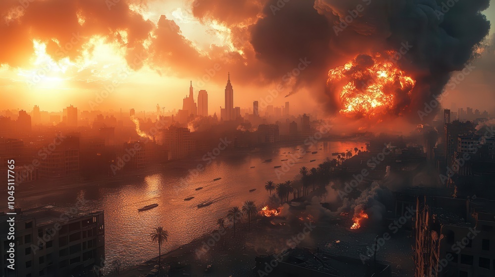 Fototapeta premium dramatic airstrike scene set against a bustling city skyline, capturing the intensity and chaos of conflict with smoke and explosions contrasting against the urban landscape