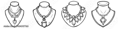 Black outline icon for jewelry. Women's accessories, necklace, bracelet with diamonds and pearls. Hand drawn line modern isolated on transparent background.