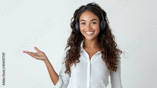 A cheerful customer service agent wearing a headset and gesturing to the side, photo