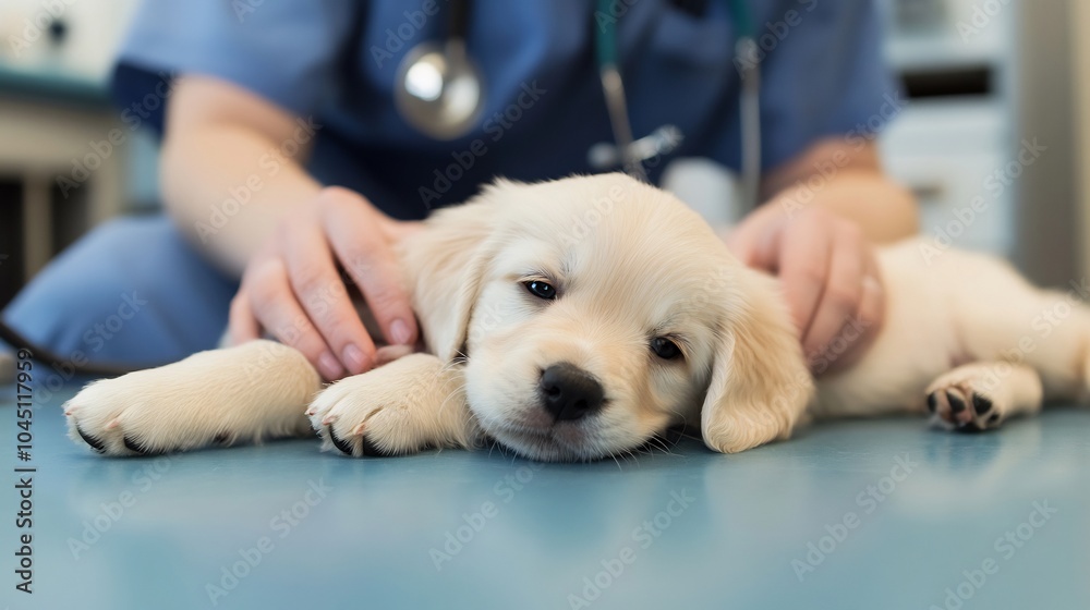 Pediatric veterinary doctor treating puppy