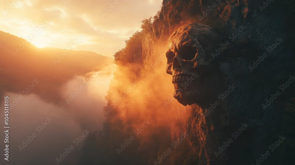 Obraz premium Rocky mountain in the shape of a human skull. Sunrise. Foggy. Fantasy theme. Halloween poster.