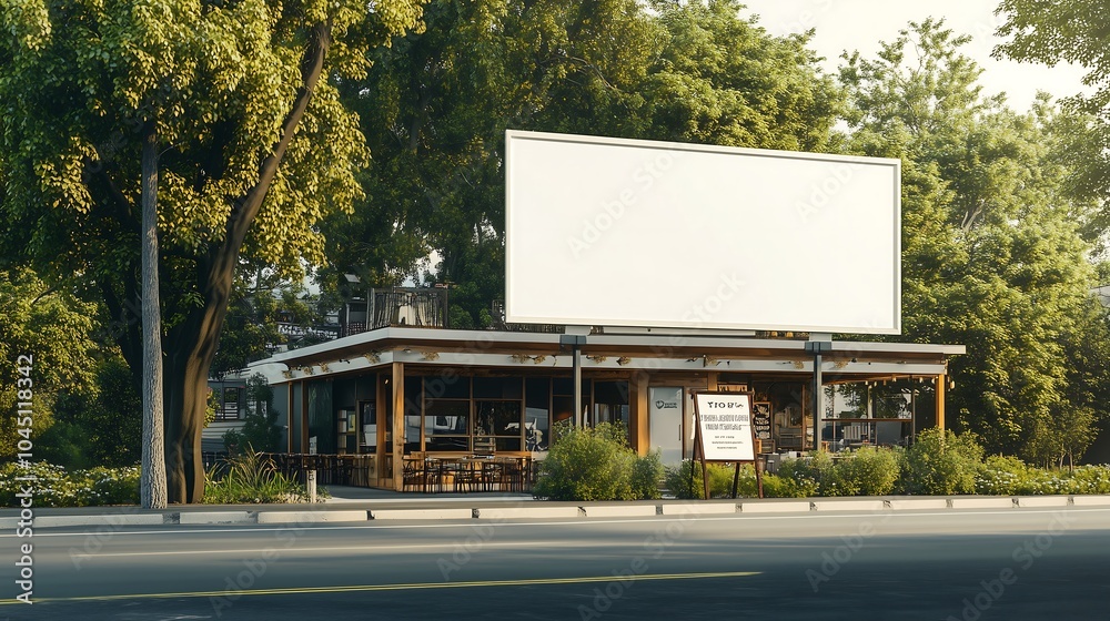 A realistic advertising image featuring a white roadside billboard. The billboard is positioned prominently by the roadside, with a cozy restaurant and lush green trees in the background. A realistic advertising image featuring a white roadside billboard. The billboard is positioned prominently by the roadside, with a cozy restaurant and lush green trees in the background.