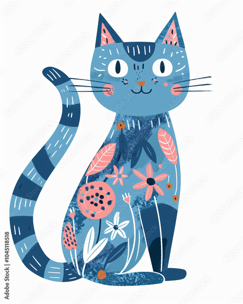 Fototapeta Colorful cat illustration floral flower wildflower black green dark kitten kitty cute modern animal decor design whimsical botanical pattern pink children's book playful character digital art