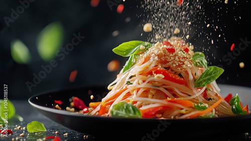 spicy papaya salad with sprinkle of ground peanuts in professional shooting  photo