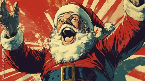 A retro pin-up pop art image featuring Santa Claus with a joyful and excited expression. The style should be vintage and cartoonish.