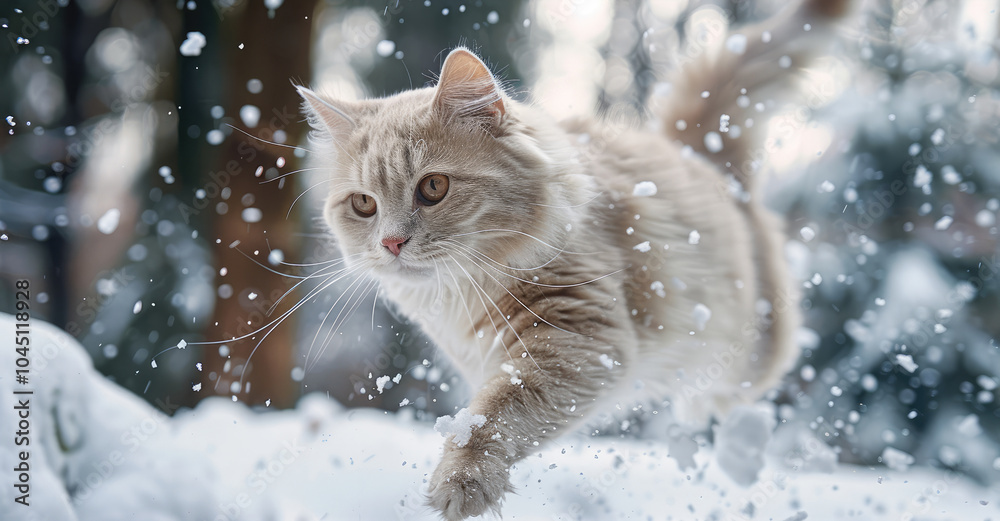 In a winter forest, a white cat jumps through fresh snow. In a winter forest, a white cat jumps through fresh snow.