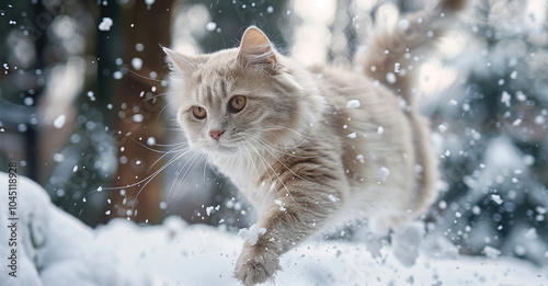 In a winter forest, a white cat jumps through fresh snow.