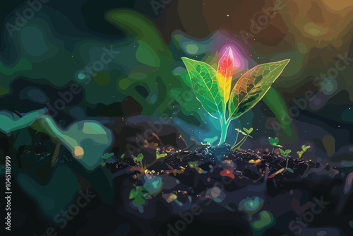 Young plant in soil on dark background, Earth Day concept, Tree planting