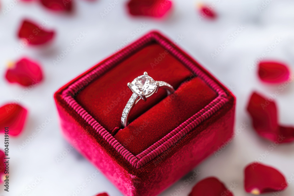 Elegant diamond engagement ring in red velvet box surrounded by rose petals Elegant diamond engagement ring in red velvet box surrounded by rose petals