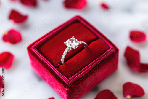 Elegant diamond engagement ring in red velvet box surrounded by rose petals